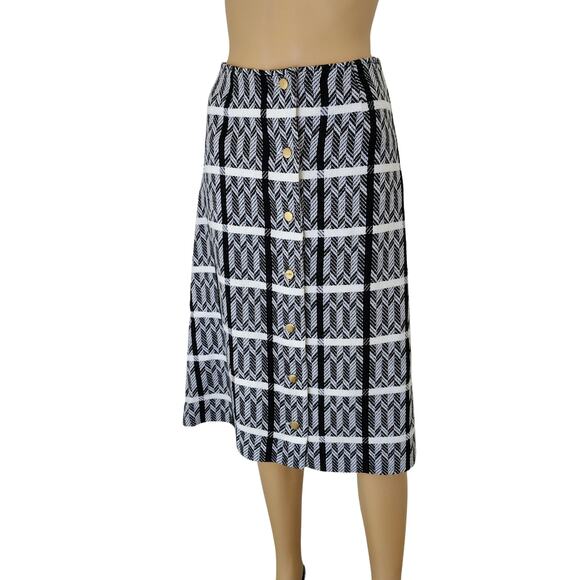 1960s Black White Chevron Plaid A Line Handmade Button Up Midi Skirt Size XS - Picture 2 of 11
